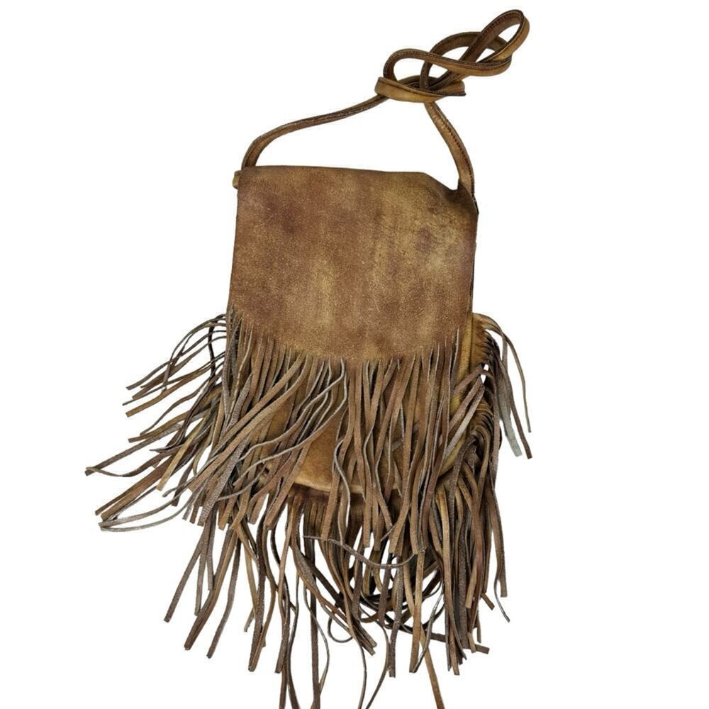 Monserat Lucca Fringe Flap Shoulder Crossbody Bag Leather Taupe Brown Bohemian